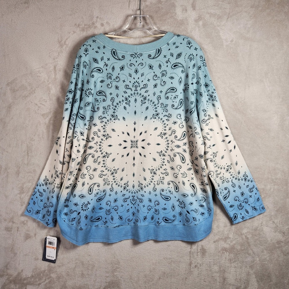 Democracy Sweater Womens Plus 2X Blue Bandana Paisley Ombre Boho Classic NEW - Picture 2 of 9